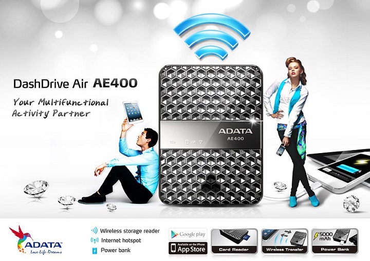 Adata Dash Drive Air Ae400 - Lector Inalambrico de Almacenamiento y Cargador Portatil 
